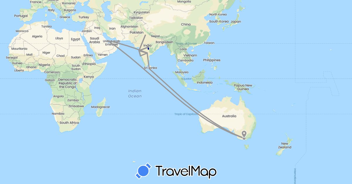 TravelMap itinerary: driving, plane in Australia, India, Sri Lanka, Qatar (Asia, Oceania)